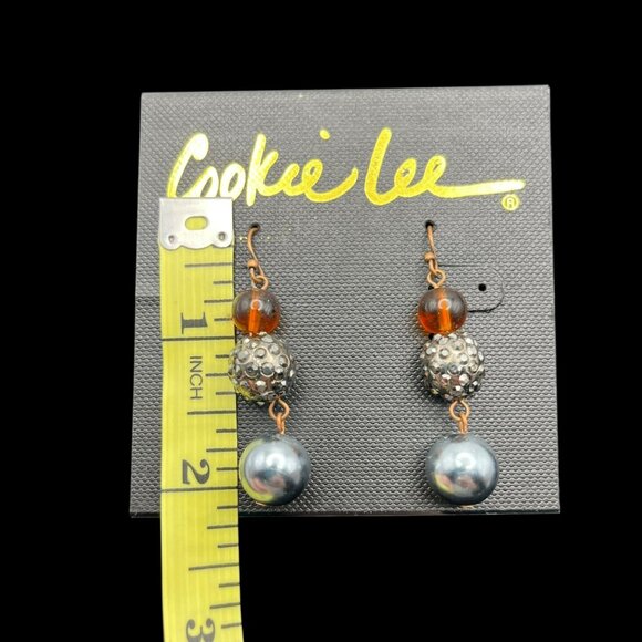 Cookie Lee Earrings Copper Tone Dangle Three Bead Amber Color Silver Gray Beads - Picture 4 of 6